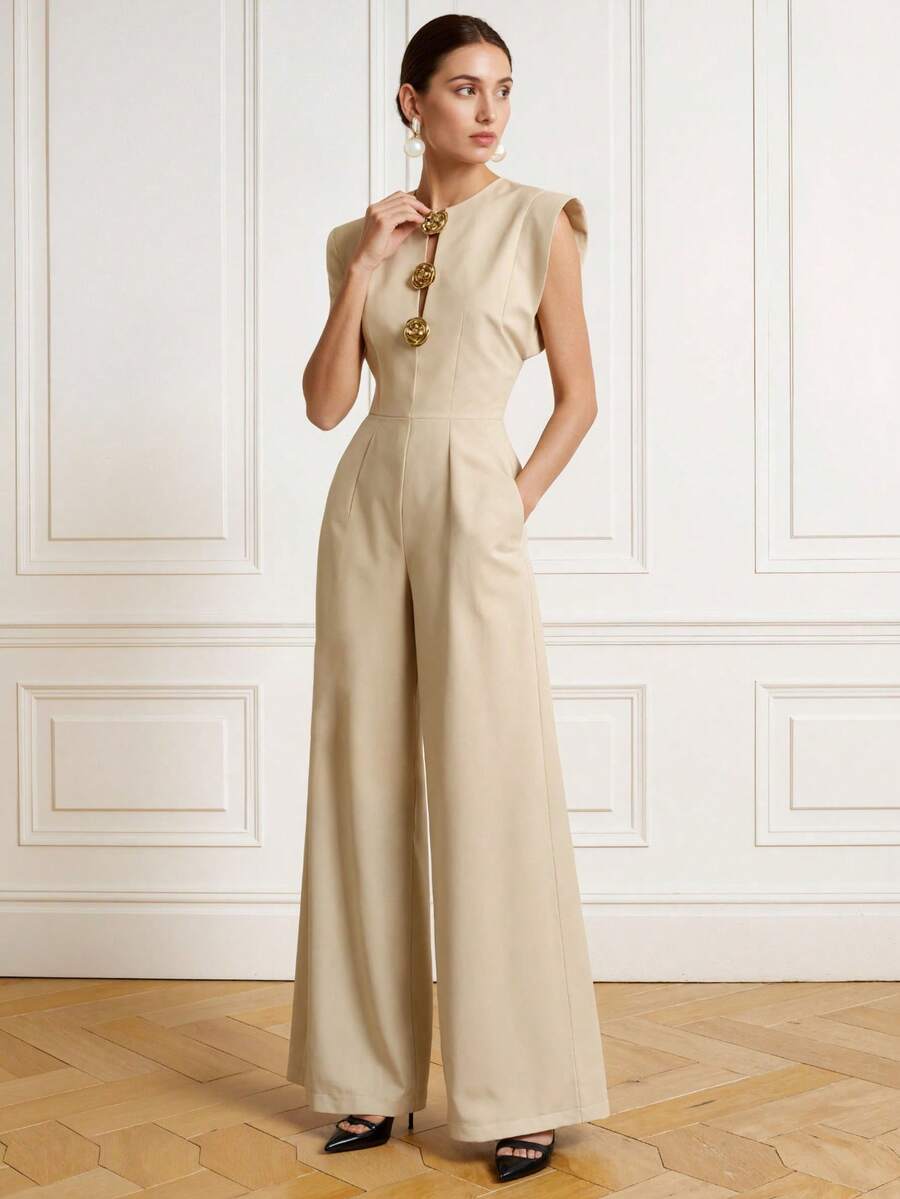 Casual Elegant Minimalist Solid Color Woven Fabric Front Button Zipper Pocket Jumpsuit, Suitable For Office Wear Spring/Summer - Apricot - View 1