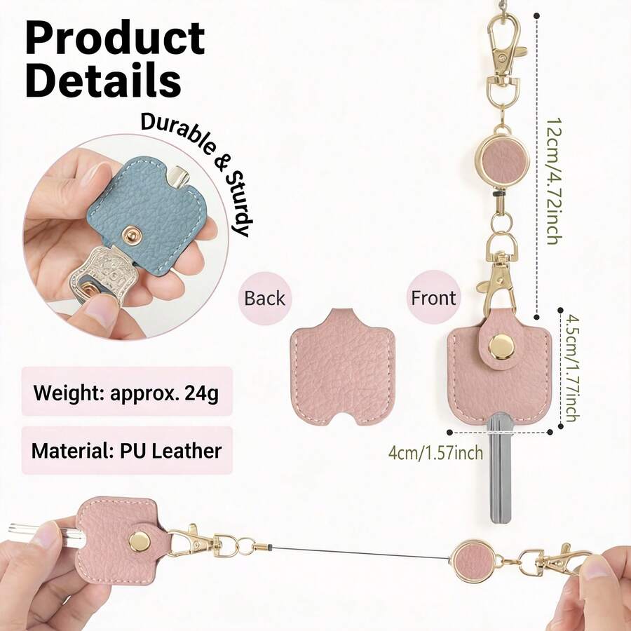 Gantungan Kunci Retraktabel dengan Penutup Kunci Kulit PU, Pemegang Kunci yang Dapat Dipanjangkan 40cm dengan Perangkat Keras Emas, Kantong Wadah Kunci Lucu untuk Penggunaan Harian Multiwarna - MultiWarna - View 1