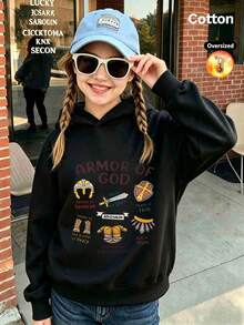 2026 Autumn/Winter Girls' Custom Loose Black Hooded Sweatshirt, Vintage Religious Style, Featuring Helmet, Shield, Sword Elements, And Letter Prints - Black - View 11