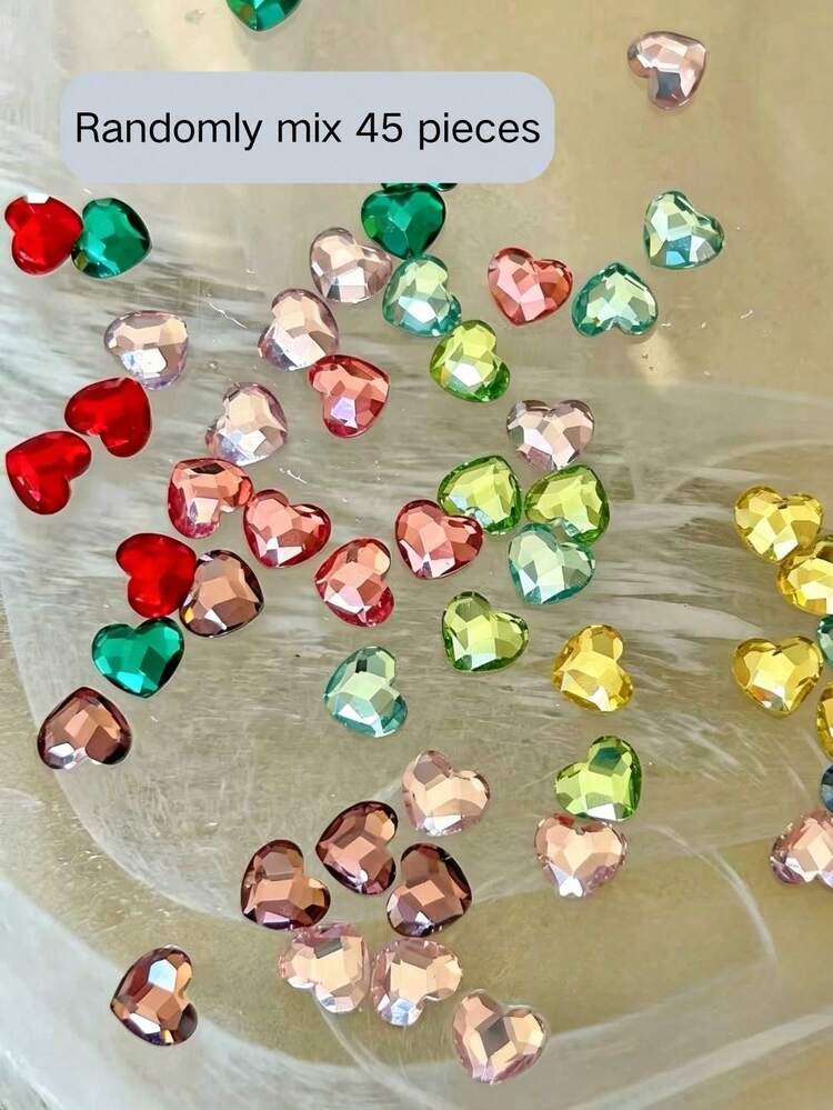 45/95pcs Colorful Heart-Shaped Nail Art Decoration Accessories, Cute Rhinestone Nail Art Decor, Multi-Color Faceted Heart-Shaped Rhinestones, Rich And Vibrant Colors, Shiny And Transparent Facets, Suitable For Nude And Transparent Nail Surfaces, Easy To DIY Apply - Multicolor - View 7