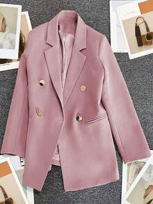 Spring/Summer Women's Solid Color Long Sleeve Double-Breasted Blazer, Notched Lapel | Ideal For Dates, Parties, Outings And Holiday Celebrations - Pink - View 9