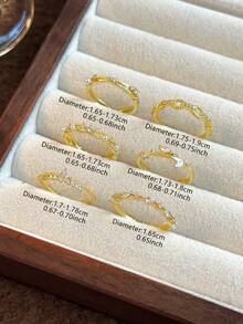 6pcs Minimalist Fashion Cubic Zirconia Faux Pearl Leaf Copper Alloy Open Rings Suitable For Women's Daily Wear And Gatherings (Gift Box Not Included) - Yellow Gold - View 4