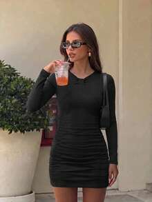 Minimalist Sexy Twisted V-Neck Long Sleeve Fitted Slimming Bodycon Mini Dress For Women, Autumn - Black - View 1