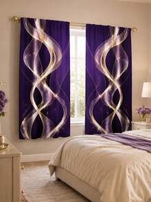 2pcs, Polyester Material, Deep Purple Dreamy Gold Curved Pattern Printed, Light Filtering Curtains, Suitable For Bedroom, Living Room, Office And Home Decor, Rod Pocket Design, Suitable For Rod Installation - Multicolor - View 5