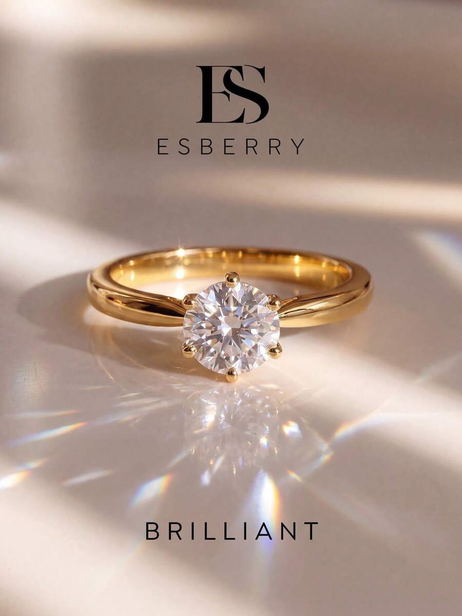 ESBERRY 1 قطعة خاتم خطوبة/زفاف/وعد/أبدي/ذكرى سنوية من المويسانيت اللامع الكلاسيكي ب- 6 مخالب، 1 قيراط، خاتم ماسي فاخر للنساء، هدية مجوهرات فاخرة