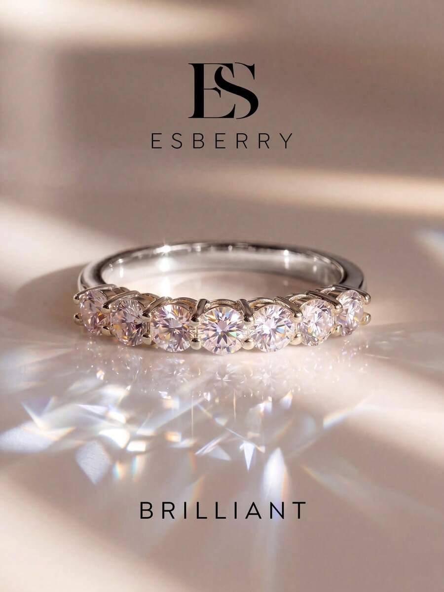 ESBERRY 1件莫桑鑽戒指 優雅七顆鑲鑽鋪路鑽戒，適合女性週年紀念與日常配戴