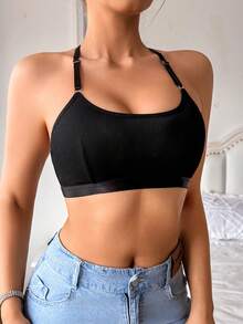 Women's Fashion Black Ribbed Halter Neck Bra, Adjustable Spaghetti Strap, Wireless - Black - View 5