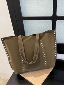 1pc Vintage Punk Rivet Tote Bag, Large Capacity Commuter Bag, Shoulder Handbag, Suede Open Top Bag, Daily Storage Bag, Suitable For Girls/College Students/Young People, Applicable For Commuting, Campus Outings, Daily Shopping - Multicolor - View 10