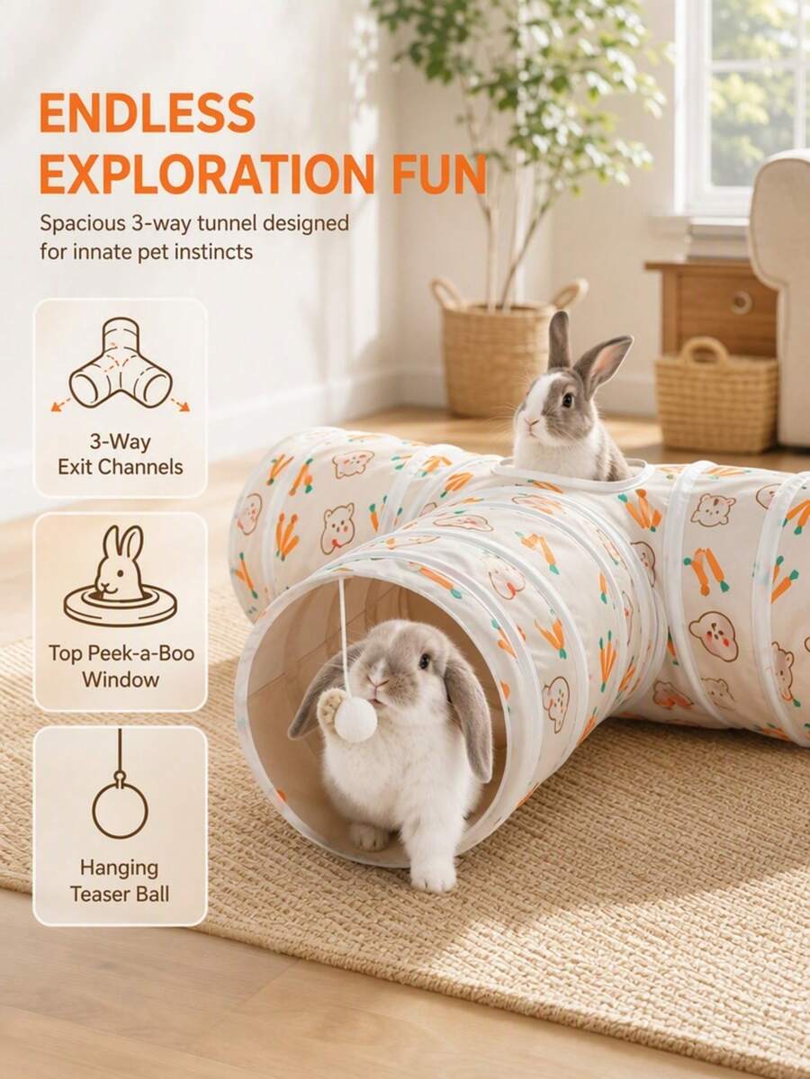 Rabbit Tunnel, Collapsible 3-Way Bunny Play Tunnel Tube With Cute Carrot Print, Interactive Foldable Peek Hole Small Animal Activity Maze Toy With Hanging Ball, Indoor Hideout Exercise Channel For Rabbits, Guinea Pigs, Ferrets - A-1PCS - View 1