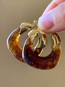1 Pair Vintage Amber Brown Resin Earrings, Unique Design Copper U-Shaped Earrings, Minimalist Versatile Earrings - Brown - View 2