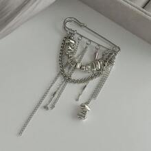 1pc Niche Design Vintage Punk Chain Brooch, Asymmetrical Crushed Stone Tassel Brooch, Cool Street Style Accessory - Silver - View 3