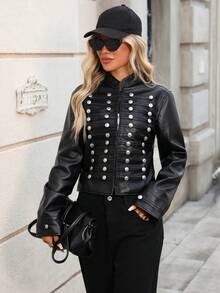 Vintage Royal Style Button Decor Long Sleeve Top 2026 Autumn/Winter Fashion Stand Collar PU Short Jacket - Black - View 2