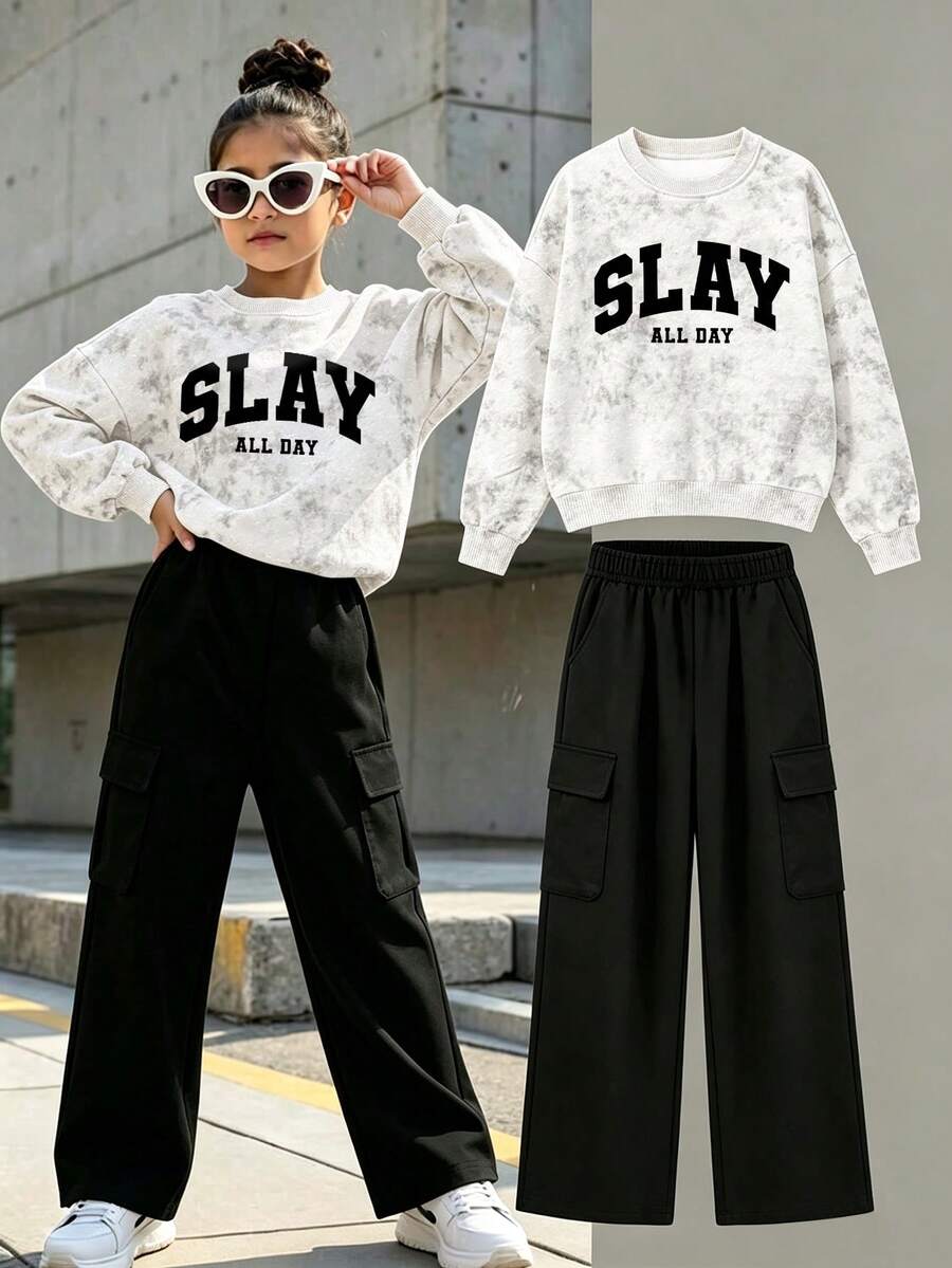 American Vintage Girls 2-Piece Sports Set, Tie-Dye Slay Letter Print Sweatshirt With Cargo Wide Leg Pants, Spring/Autumn Outfit - White - View 1