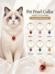 1pc Heart Rhinestone Pendant Faux Pearl Pet Necklace, Elegant Beaded Collar For Small Cat Kitten Puppy Dog Pet Photo Dress‑Up Accessory - Multicolor - View 3