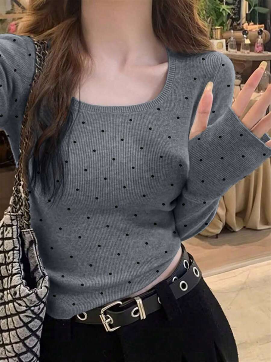 甜美可愛大圓領杏色波點女款毛衣,秋冬款 - 深灰色 - 查看 1