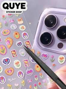 1 Set, Floral Stickers, Junk Journal Supplies, Tulip And Heart Pattern, Vintage Embroidery Style, For Phones, Daily Ornament - To-3752 - View 1