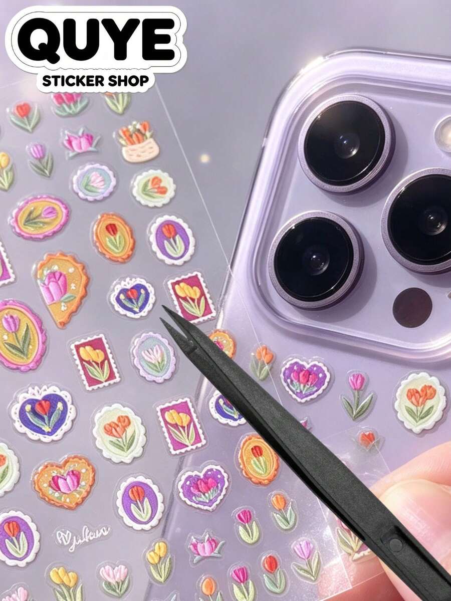 1 Set, Floral Stickers, Junk Journal Supplies, Tulip And Heart Pattern, Vintage Embroidery Style, For Phones, Daily Ornament - To-3752 - View 1