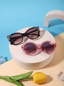 1 Set 2pcs Kids 3-8 Years Old Cat Eye & Round Frame PC Glasses, Fashionable Glasses With Sequin Bow Decor, Suitable For Party And Outdoor Wear, With Glasses Case - Multicolor - View 5