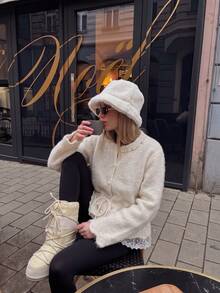 Cute Women's Pearl Decorated Knitted Cardigan, Tie Waist Ruffle Hem Sweater Top Suitable For Coffee Dates And New Year Outfits - White - View 4