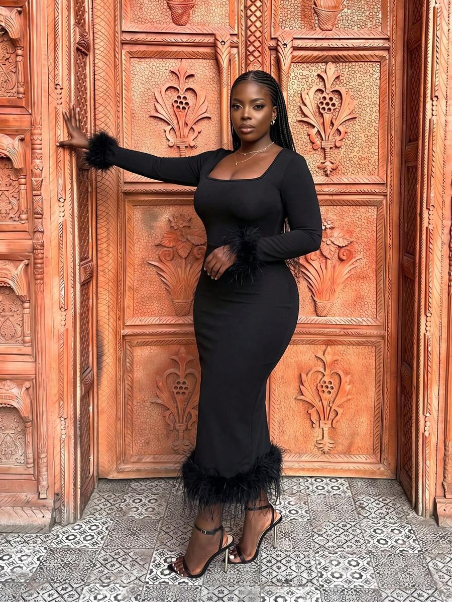 Elegant Feather Patchwork Sheath Dress, Crew Neck Long Sleeve, Fitted Silhouette, Versatile For Workplace, Party, Wedding, Cocktail, Formal Occasions, Spring/Autumn - Black - View 1