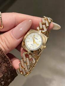 LIANDU 1pc Women's Gold Quartz Watch, Suitable For Daily Wear, Holiday Gift, Fashionable Rhinestone Strap, Luxurious And Compact, Elegant Vintage Style - Gold - View 2