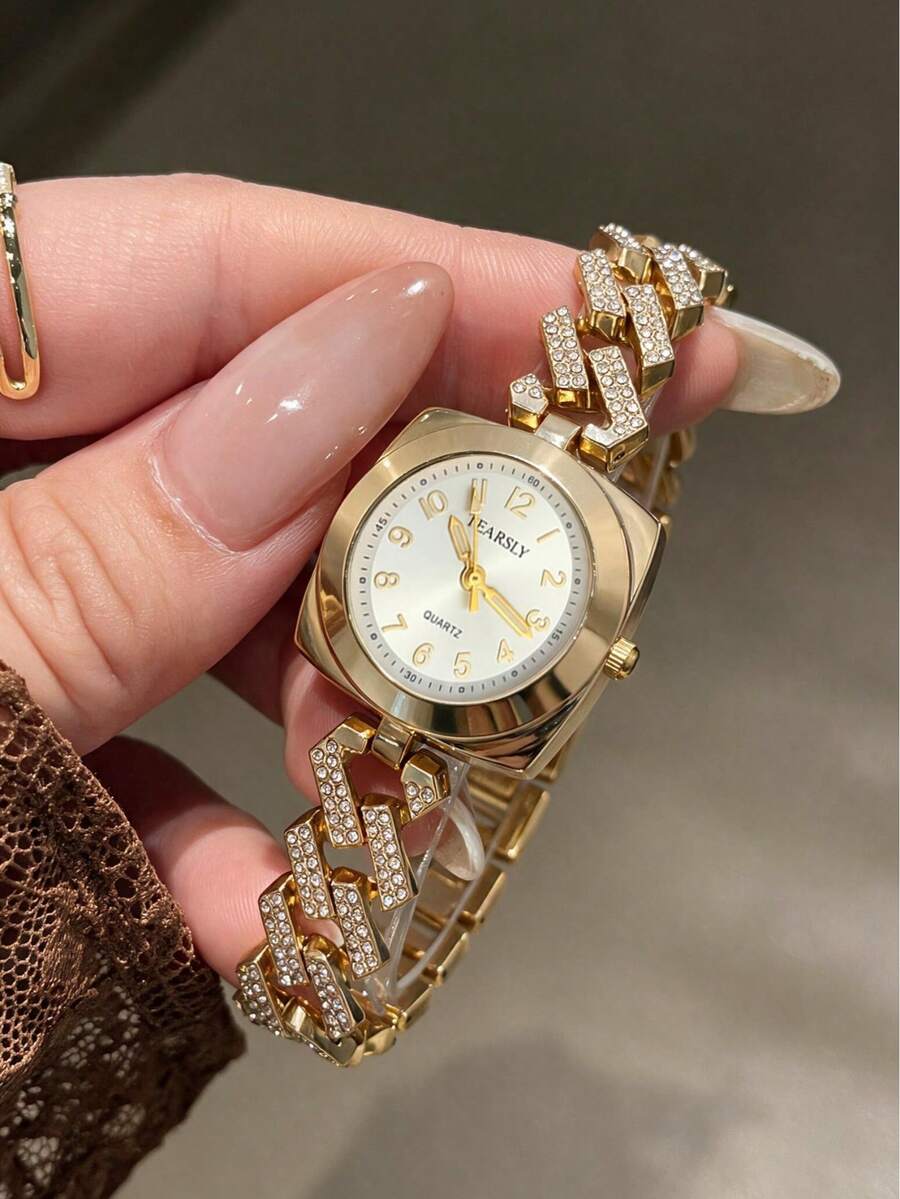 LIANDU 1pc Women's Gold Quartz Watch, Suitable For Daily Wear, Holiday Gift, Fashionable Rhinestone Strap, Luxurious And Compact, Elegant Vintage Style
