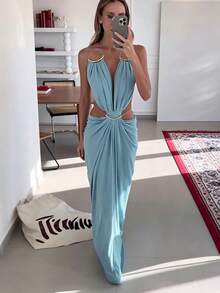 1pc Sexy Knitted Backless Evening Dress For Date Party - Blue - View 7
