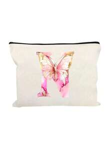 Pink Butterfly Letter A-Z Print White Makeup Bag, Gift For Girls, Cute Vintage Minimalist Fashion Letter Pattern Printed Storage Bag, Cosmetic Pouch, Storage Bag, Makeup Organizer Bag, Toiletry Bag, Clutch, Lightweight Foldable Storage Bag, Simple Shopping Bag, Teacher Gift Clutch, Nurse, Doctor, Teacher Storage Bag, Suitable For Personal Travel Cosmetic Storage - Multicolor - View 23