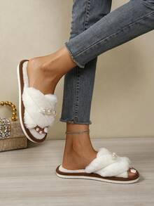 Autumn/Winter Fairy Plush Open Toe Slippers With Exquisite Pearl Decor, Indoor/Outdoor Fuzzy Shoes - White - View 7