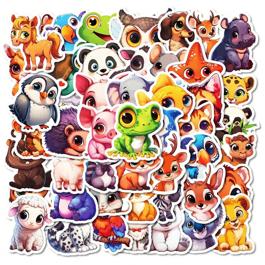 TOOUEE 50Pcs Cute Big Eye Forest Animal Paper Stickers, Smiling Tiger, Panda, Koala, Owl & Bunny Stickers, Assorted Wildlife Decals For Journal, Water Bottle, Laptop & Scrapbook DIY Decor - Multicolor - View 1