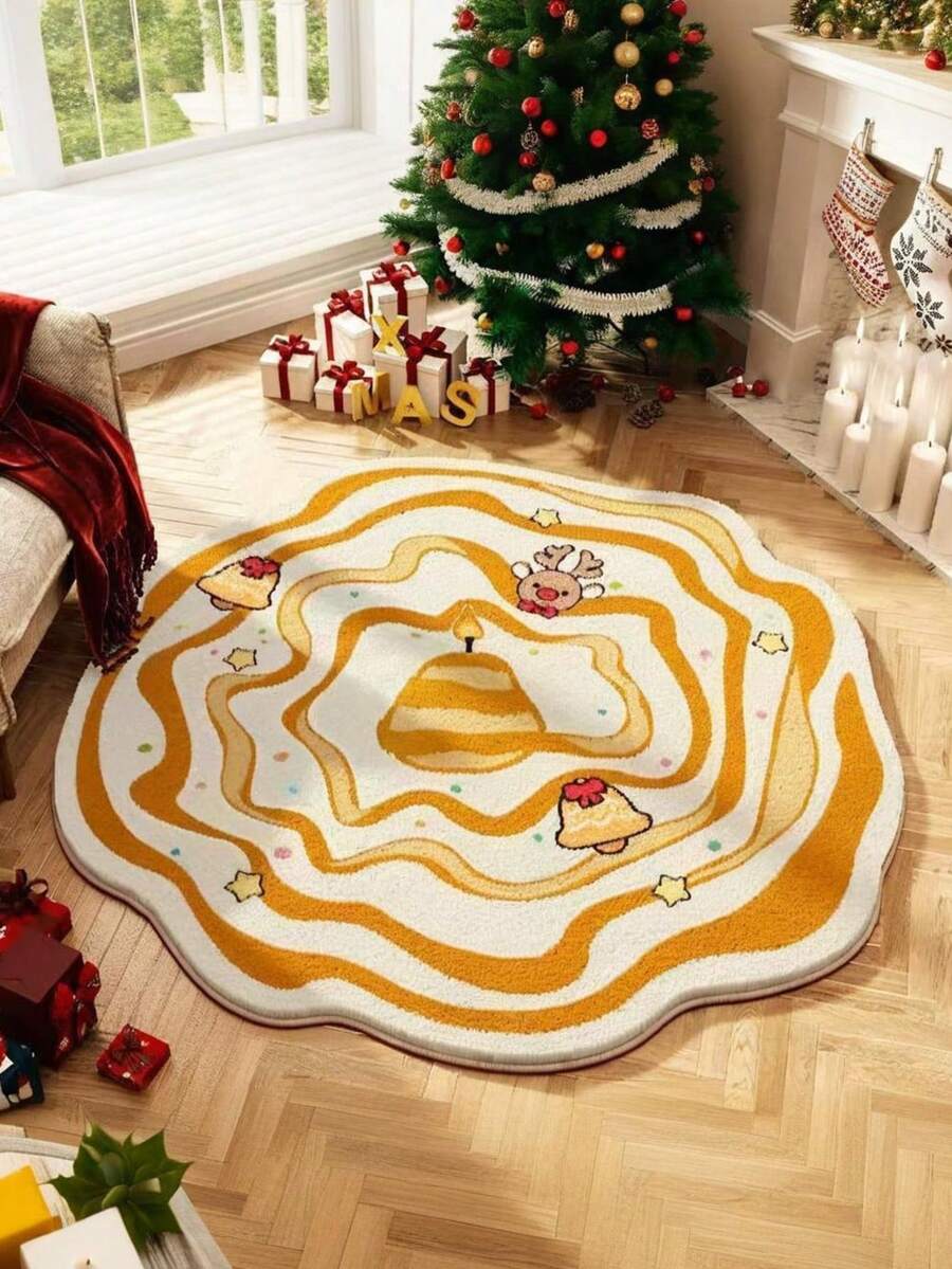 Round Burgundy Christmas Tufted Rug Checkered Border Snowman Gingerbread Gift Candy Cane Plush Rug Wreath - Yellow - View 1