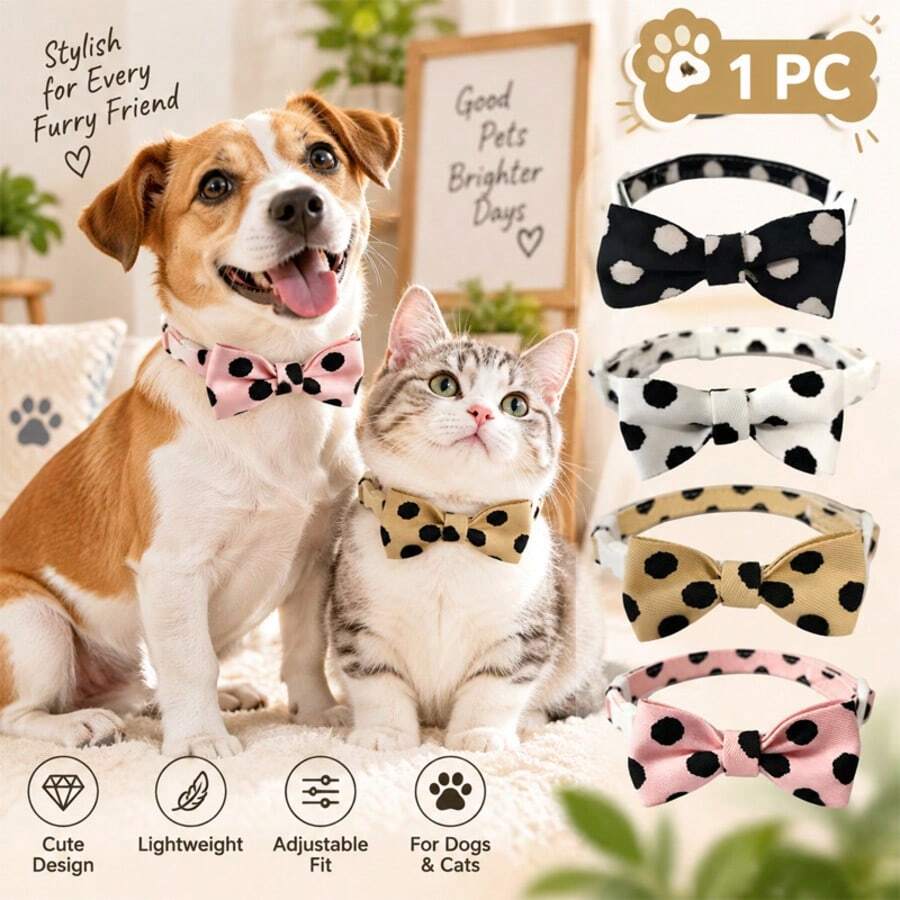 1pc Cat & Dog Collar, Pet Polka Dot Bowknot Collar, Adjustable Neck Collar, Non-Choking, Multiple Options - Multicolor - View 1