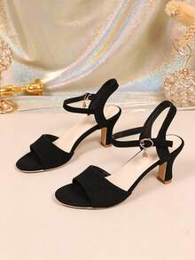 1 Pair Women's Black High Heel Sandals, Suede PU Fabric, Adjustable Buckle Strap, Rhinestone Pendant Decor, Minimalist Party Style, Suitable For Daily Wear, Office Commute, Parties And Events - Black - View 1