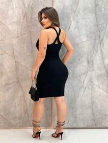 Vestido Curto Cruzado Transpassado Sem Bojo Básico Canelado Verão Feminino - Preto - Visão 3