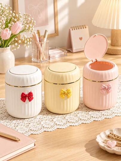 Mini Office Trash Can With Lid And Decorative Bow, Plastic Swivel Lid, Non-Electric Cylindrical Design, Suitable For Home, Office, Kitchen, Bedroom Vanity, Daily Use, Fashionable Portable Quick-Drop Trash Can With Lid And Bow Decoration