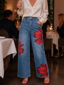 Vintage Floral Print Denim Long Pants, Classic Wide Leg Loose Fit Jeans For Women - Medium Wash - View 6