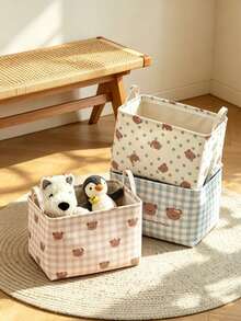 1pc Bear Print Checkered Storage Bin, Sweet Minimalist Style Fabric Rectangular Shape With Carry Handle Detail, Foldable Large Capacity Clothes Sundries Storage Organizer, For Bedroom Home Daily Use All Season Household Decor - Multicolor - View 5