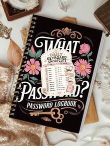 1pc Black Floral Password Logbook 8.15x5.7in With Keyboard Shortcut Sticker, For Usernames & Password Hints, Halloween Notebook Office Decor And Accessories Nurse Essentials Bible Study Materials - A - View 1