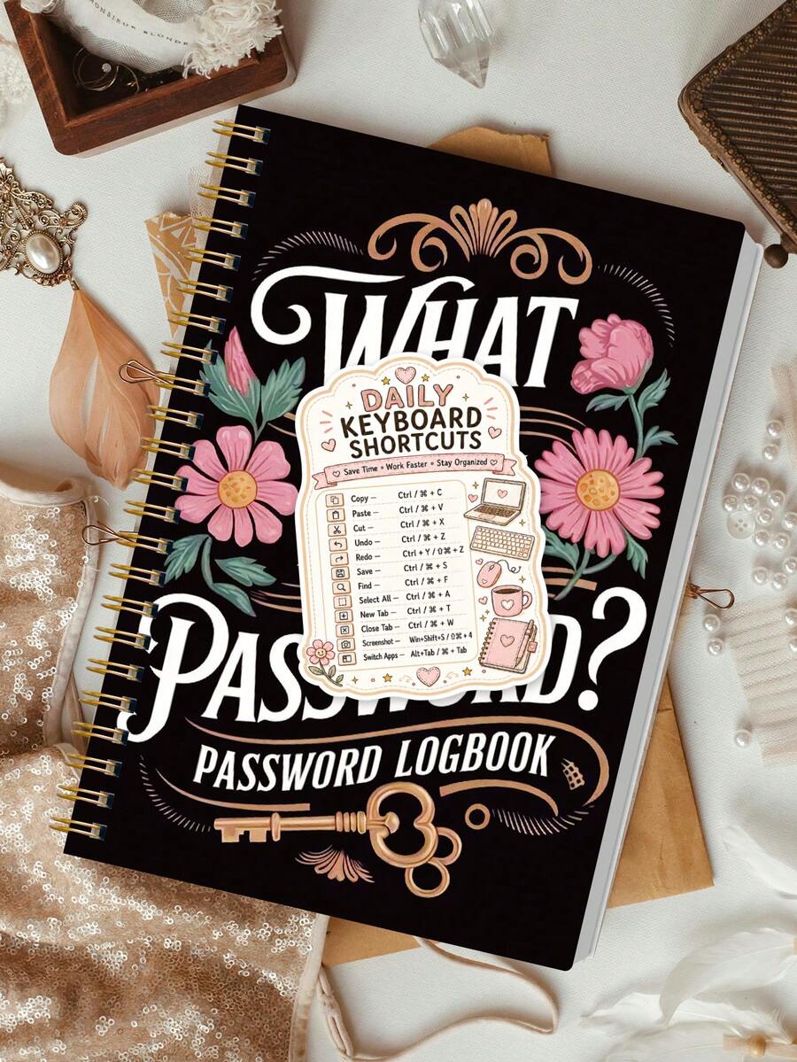 1pc Black Floral Password Logbook 8.15x5.7in With Keyboard Shortcut Sticker, For Usernames & Password Hints, Halloween Notebook Office Decor And Accessories Nurse Essentials Bible Study Materials - A - View 1