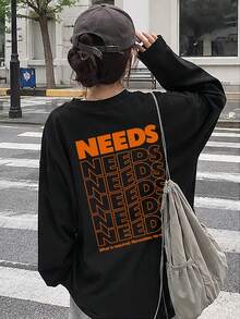 Women's Fashion Autumn/Winter Loose Minimalist Versatile Letter Print Long Sleeve T-Shirt Casual - Black - View 2
