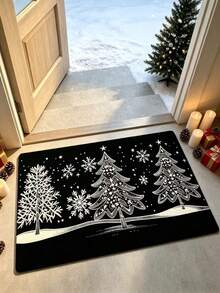 1pc Hand-Painted Christmas Pine Tree And Snowflake Entrance Mat, Plush Velvet, Door Mat, Small Rug, Welcome Mat, Carpet, Floor Mat, Outdoor Door Mat, Kitchen Rug, Home Decor, Front Door Mat, Area Rug, Outdoor Mat, Home Decor, Area Carpet, Garden Rug, Washable Carpet - Multicolor - View 1