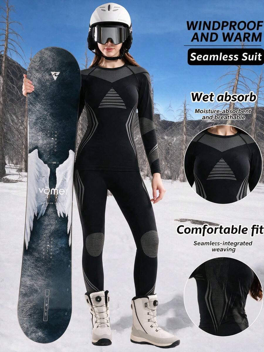 Women's Autumn/Winter Colorblock Elastic Warm Long Sleeve Ski Suit Top & Pants - Black - View 1