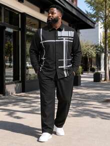 Men's Plus Size Outfit, Autumn 3D Print Single-Breasted Long Sleeve Shirt And Pants Set, Casual Plus Size Men's Wear - Black - View 6