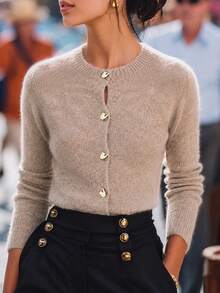 Women's Autumn/Winter Casual Elegant Commute Round Neck Metal Button Knit Cardigan, Simple Versatile, Office Commute Outfit - Apricot - View 2