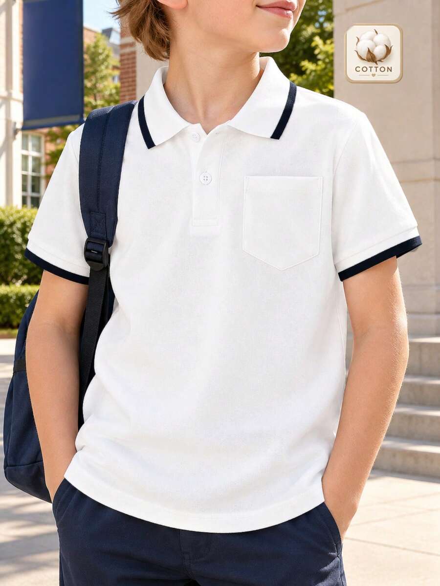 兒童白色純棉短袖 Polo 衫,海軍藍對比領口與袖口,胸前口袋,返校與日常穿著校服上衣 - 白色 - 查看 1
