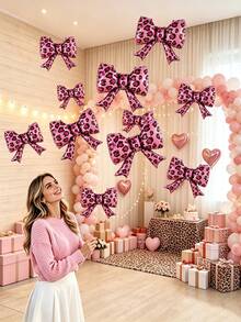 5pcs 21 Inch Pink Leopard Print Bow Shaped Aluminum Foil Balloons Suitable For Birthday Party Decoration Cartoon Pattern Balloons - View 1