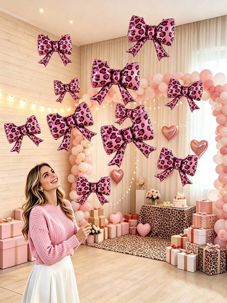 5pcs 21 Inch Pink Leopard Print Bow Shaped Aluminum Foil Balloons Suitable For Birthday Party Decoration Cartoon Pattern Balloons - View 1