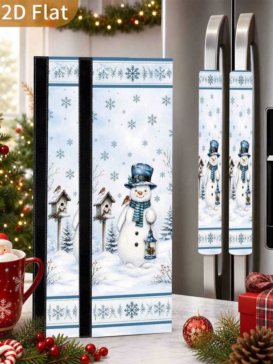 1/2Pcs Christmas Refrigerator Handle Covers, Christmas Snowman & Snowflake Pattern, With Hook And Loop, Suitable For Refrigerator, Oven, Microwave, Dishwasher, Christmas Holiday Kitchen Decor - View 1