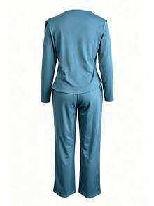 Women's 2 Pieces Set For Autumn/Winter, Long Sleeve Drape Cold Shoulder Top With Wide Leg Pants, Elegant Casual Outfit - Peacock Blue - View 4