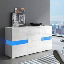 Flieks Matt & High Gloss White Sideboard Cabinet Storage Cupboard Unit  LED Lighted For Dining Room Living Room - White - View 2